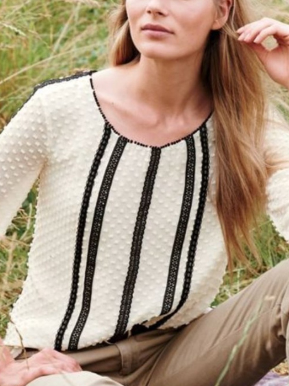 J. Crew Cream Swiss Dott Chiffon Blouse with Black Trim